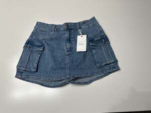 ELEVEN Women High Waisted Denim Cargo Mini Skirt with Flap Pockets